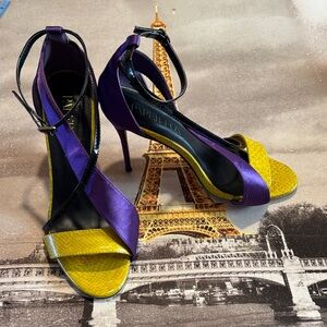 Paper Fox Satin Purple and Yellow Open-Toe Stiletto Sandals